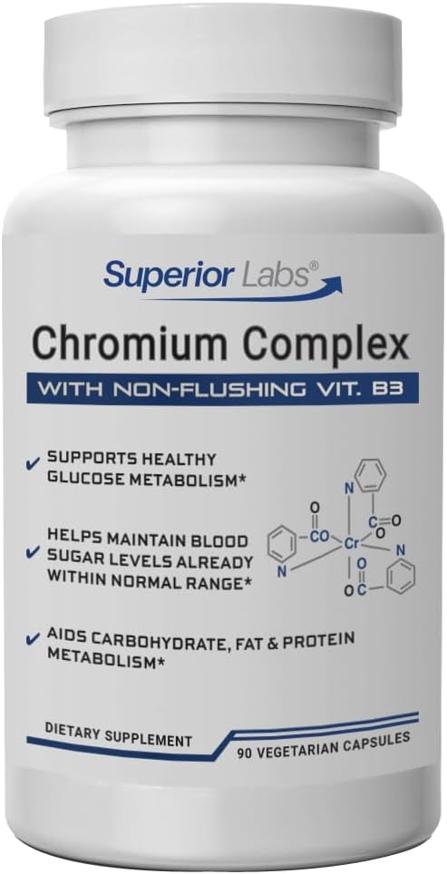 Superior Labs Chromium Complex (Formerly Polynicotinate +B3) 200mcg Non-GMO, High Absorption Niacin-Bound Supplement, Supports Healthy Blood Sugar Levels and Metabolism, 90 Veg Capsules