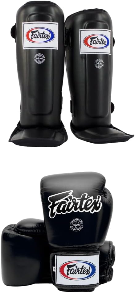 SP3 Black Medium Shin Guards + Fairtex BGV1 16 oz Black Glove