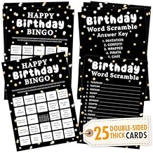WOODAMORE Happy Birthday Bingo - 25 Pcs Adults Party Games, Word Scramble, Fun Games