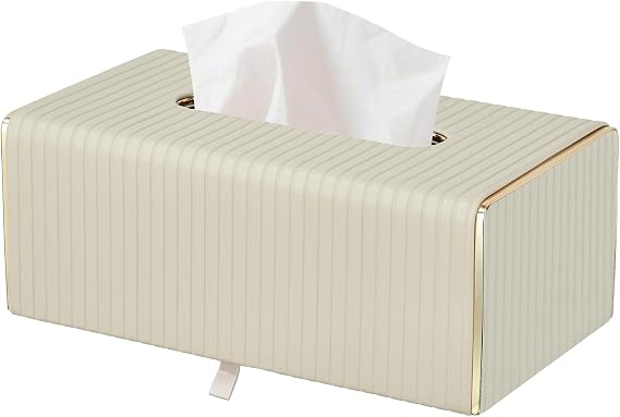 Tissue Box Cover, PU Leather Rectangle,Rectangle Leather Tissue Box Holder with Gold-Tone Edging Decoration,Decorative Tissue Cover for Bathroom Toilet Bedroom Living Room Table Desk Office
