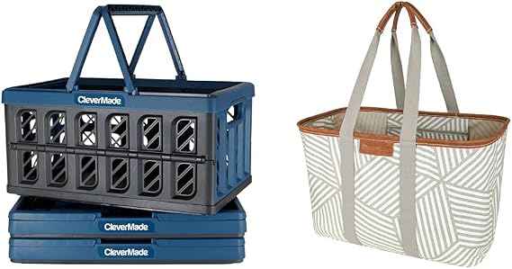 CleverMade Collapsible Shopping Basket, Ocean, 3PK - 24L (6 Gal) & Collapsible Luxe Tote, Geometric Taupe - 30L (8 Gal) Structured Tote Bag