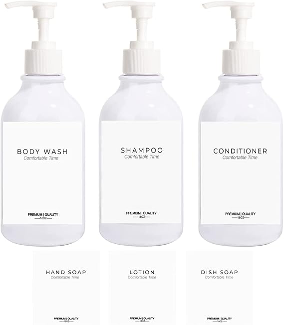 Apothecary Dispenser Bottle for Bathroom and Kitchen - 16oz Plastic Shower Pump Dispensers, Refillable for Shampoo Lotion Oil Shower Soap Hand Soap and Dish Soap (3 Pack, White)