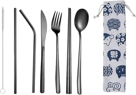 Kitchen Utensils Set,Kitchen Starter Set,7 Piece Travel Cutlery Set Stainless Steel Camping Picnic Cutlery Kit Including Fork Knife Spoon Chopsticks Metal Straws Cleaning Brush-Black