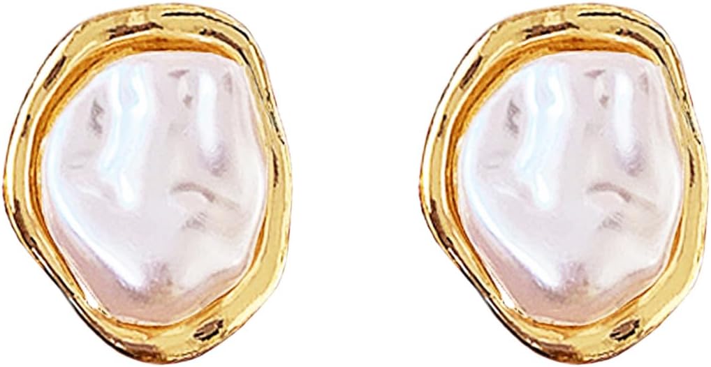 Baroque Pearl Stud Earrings for Women, Big Gold Statement Earrings with Irregular Pearls Vintage Wedding Jewelry