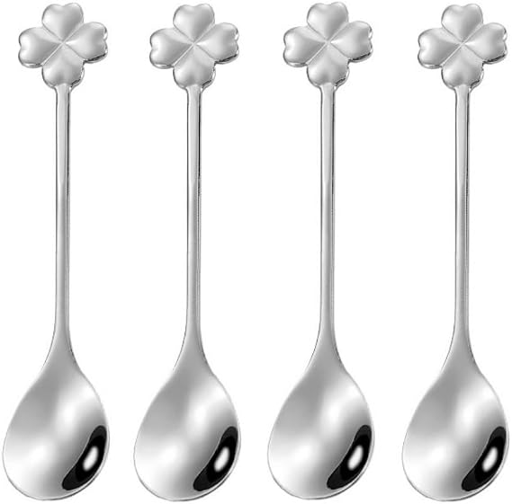 10 pcs Silver Four-Leaf Clover Stainless Steel Spoon Set, Unique Design for Coffee, Tea, Desserts, Ice Cream 4.7inch