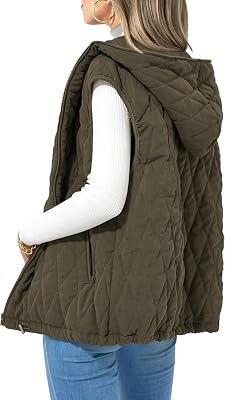 Halemet Women Oversized Puffer Vest Casual Sleeveless Vests Women Hooded Zip Up Fall Winter Coat Outerwear Vest Padded Jacket