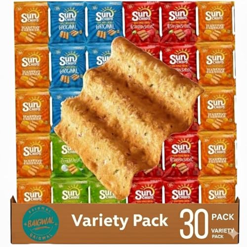Sun-Chips Multigrain Variety Pack 30 Count 100% Whole Grain Chips with Harvest Cheddar, Garden Salsa, Original & French Onion 1.5 oz Custom Bundled by Baigwal