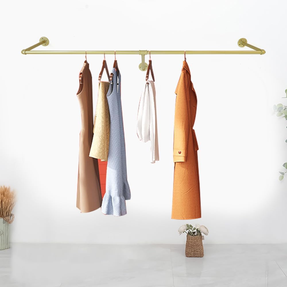 Industrial Pipe Clothing Rack, 47 Inch Wall Mounted Clothes Rack, Heavy Duty Wall Clothes Rack for Closet Storage, Laundry Room, and Retail Display - Gold
