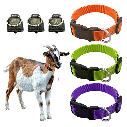 Pack of 3 Goat Collar, Goat Collar with Bell Pet Grazing Copper Bells, Adjustable and Durable Nylon Cow Horse Sheep Dog Collars, Anti-Lost Bronze Bell Accessories for Small Farm Animal Pet