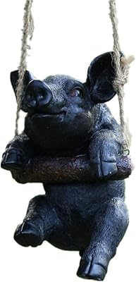 qiuqiu Swing Pig Resin Pendant Statue Animal Garden Crafts Ornaments Decoration-Black