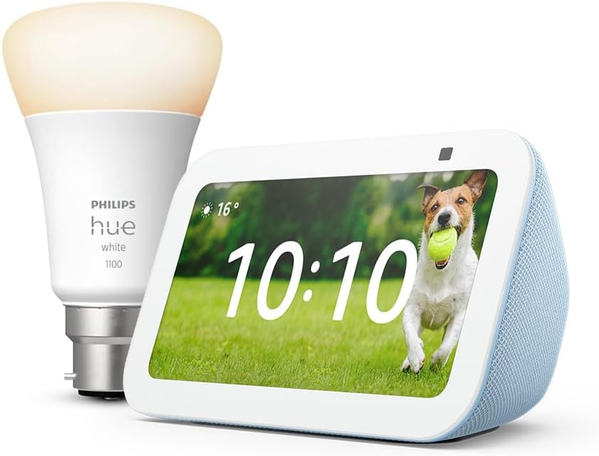 Echo Show 5 (Newest gen), Cloud Blue + Philips Hue White Smart Light Bulb LED (B22), with Alexa+ Early Access