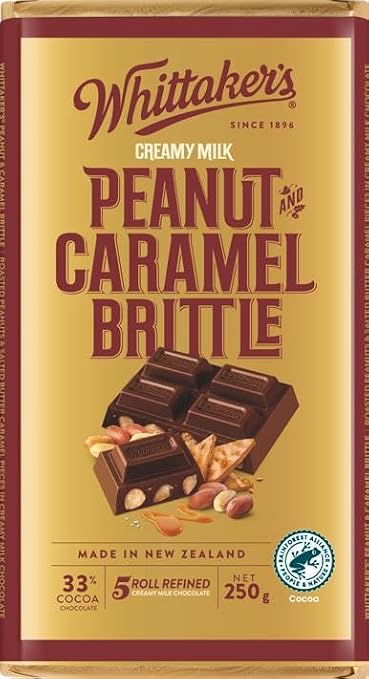 Whittaker's Peanut & Caramel Brittle Chocolate Block 250g (Pack of 4) (Made in New Zealand)