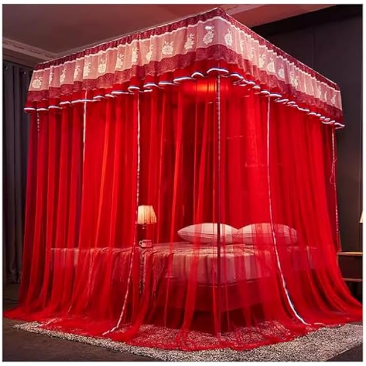 Mosquito Netting for Bed Canopy 4 Corner Post Bed Canopy Frame Bed Netting Canopy for Adults Canopy Bed Frame Curtains Outer Bed Support Canopy Bed Frame Poles,Red,California King