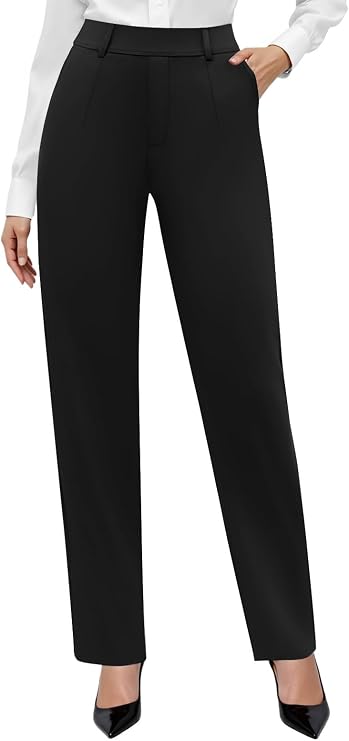 DLOODA Stretchy Dress Pants Women High Waisted Pull On Work Pants Office | Straight Leg Business Casual Slacks,Elastic Waist Dressy Trousers,Pockets,Professional Outfits,Business Travel,Daily Wear