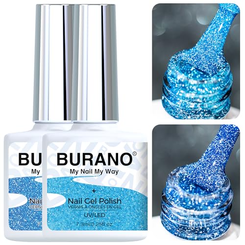 BURANO Blue Reflective Glitter Gel Nail Polish, 2 Bottles UV Sparkle Nail Polish Gel, 7.3ml Holographic Glitter Polish Curing Need for Nail Salon Home DIY S24 S23