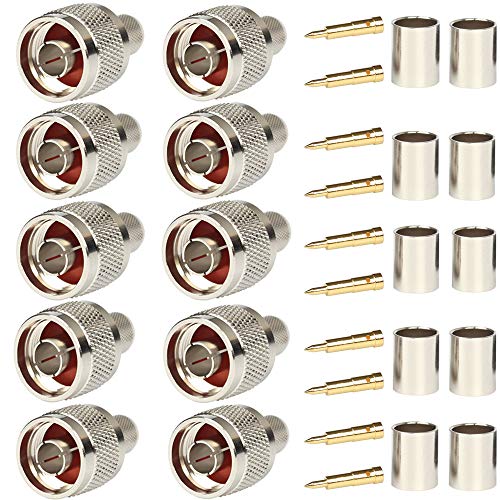 Pack of 10 N Male Plug Crimp Connector 50 ohm for LMR400 Belden 9913 RG8 Nickel Machined Brass Construction 10 Piece N Male for lmr400