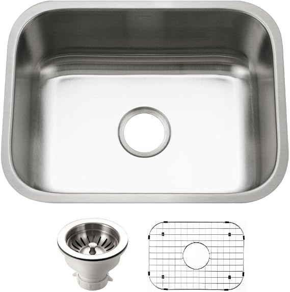 Houzer Eston Stainless Steel Kitchen Sink: 23 Inch Undermount Single Bowl Kitchen Sink with Strainer & Bottom Grid, Durable & Versatile, Essential for Home & Apartment: STS-1300-C