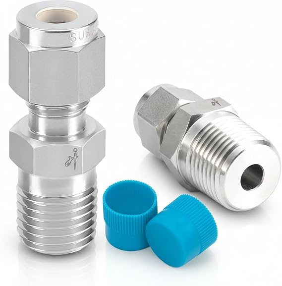 2Pcs 316 Stainless Steel Compression Tube Fitting 6mm Tube OD x 1/4" NPT Male Straight Adapter Connector with Double Ferrules for Oil, Chemical, and Natural Gas Connections