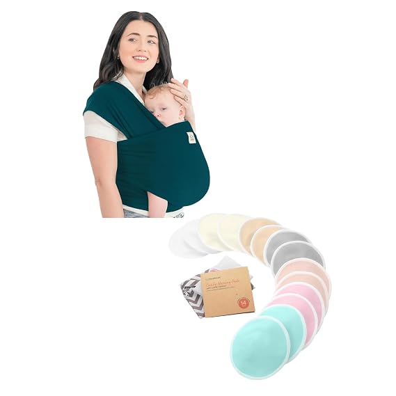 KeaBabies Baby Wrap Carrier and Reusable Nursing Pads - All in 1 Original Breathable Baby Sling, Hands Free Baby Carrier Sling - 14 Washable Breastfeeding Pads + Wash Bag, Breastfeeding Essentials