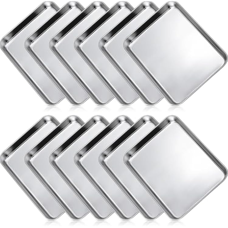 Zopeal 12 Pieces Baking Sheet Pan Cookie Sheet Set for Oven Stainless Steel Trays Nonstick Small Serving Tray Cake Toaster Metal Food Trays, Oven and Dishwasher Safe10 x 8 x 1 Inch