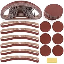 Swpeet 49Pcs 1 x 30 Inch Aluminum Oxide Sanding Belts (60/80/120/150/240/400 Grits) with 5 Inch No-hole Back Flocking Sanding Disc (80/100/120/180/240/400 Grits) and Cleaning Eraser