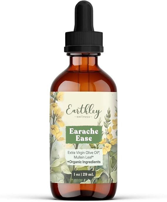 Earthley Wellness Earache Ease, Organic Herbal Ear Comfort Drops with Mullein Leaf & Olive Oil, Safe for Babies, Kids & Adults, Clean Formula, Packaging May Vary (1 oz)