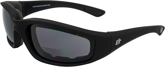 Birdz Eyewear Oriole Padded Safety Bifocal Motorcycle Sunglasses Black Frame Smoke Lenses 2.5 Magnification Carry Bag