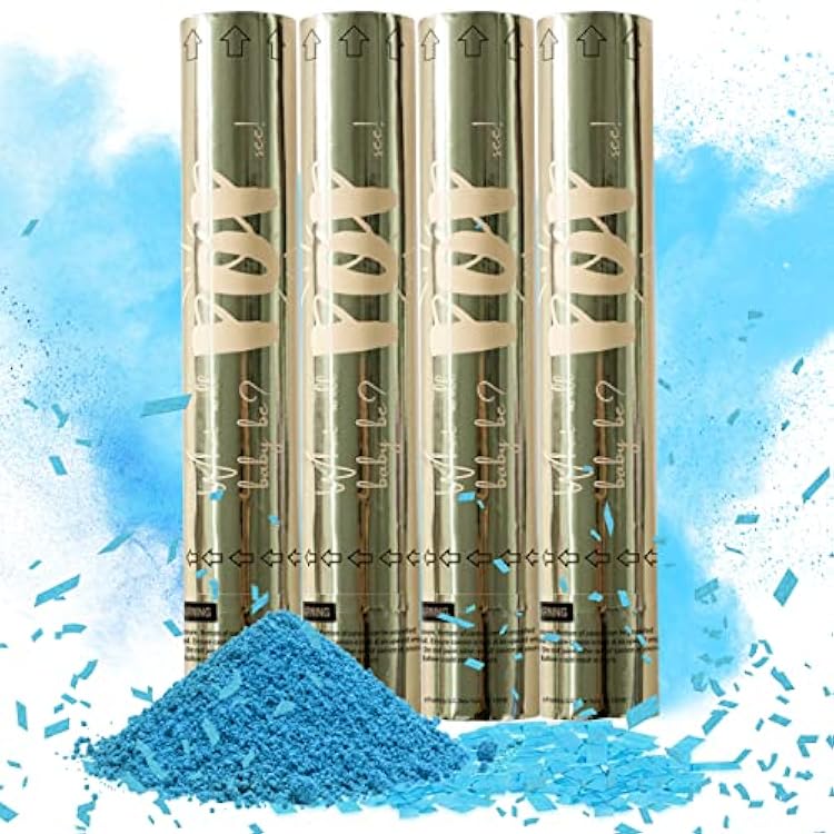 Revealations Gender Reveal Confetti Powder Cannon - Set of 4 Blue Baby Gender Reveal Party Supplies Confetti Poppers - 100% Biodegradable Tissue Safe Powder Smoke Cannons
