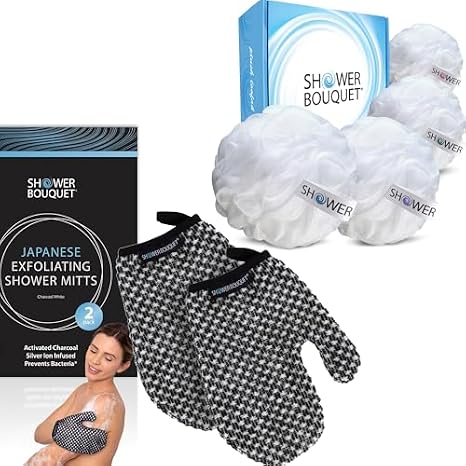 SHOWER BOUQUET Soft-White-Loofah 4-Pack, Japanese-Exfoliating-Gloves 2-Pack