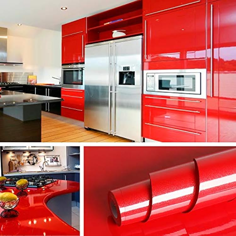 Livelynine 15.8x394 Gloss Red Contact Paper Peel and Stick Kitchen Cabinet Wallpaper Glossy Vinyl Wrap for Cabinets Removable Kids Wallpaper Decals Waterproof Red Self Adhesive Shelf Cuboard Liner