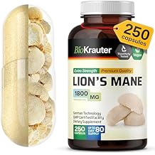 BIO KRAUTER Lions Mane for Focus Support & Brain Health - Vegan Lion's Mane Mushroom Supplement, Natural Clarity & Immune Support - 1800 mg per Serving, 250 apsules, Non-GMO