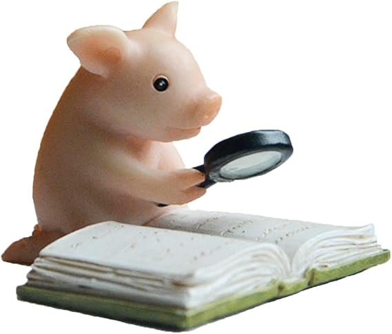 Mini Piggy Decor Resin Pig Figurine Creative Pig Statue for Micro Landscape, Home & Office Table Top Decoration Animal Cute Figurines (White Reading Pig)
