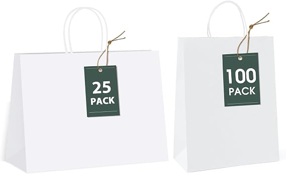 GSSUSA 16x6x12 Paper Gift Bags White 25PCS & 5.25x3.75x8 Paper Gift Bags White 100PCS