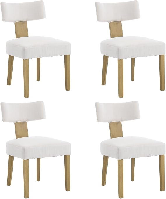 Mid Century Modern Dining Chairs Set of 4 - Linen Upholstered with Wood Legs and Curved Back for Farmhouse Dining Tables, Ideal Accent Side Chairs for Living Dining Rooms (White, Set of 4)