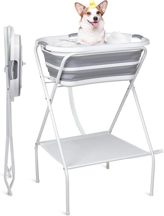 Portable Dog Bath Tub and Dog Washing Station, Collapsible Elevated Pet Tub for Bathing, Showering, Grooming, Pet Bathing Basin for Small to Medium Dogs, Cats and Other Pets (Built-in Drainage System)
