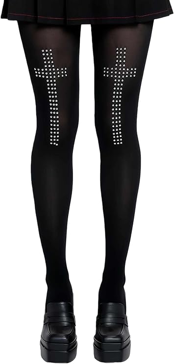 FuwangCB Goth Gothic Tights Y2k, Whimsical Emo Alt Tights, Black Sheer Funky Pattern Toghts with Designs, Womens Cute Stockings Pantyhose, Grunge Scene Alternative Punk Harajuku Clothes Accessories