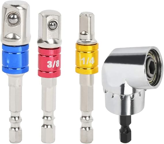 TIMESETL 3Pcs 1/4" 3/8" 1/2" Cr-V Hex Shank Impact Grade Socket Adapter Extension Set & 105 Right Angle Drill Bit Adapter Attachment 1/4" Drive 6mm Hex Magnetic Bit Socket Screwdriver Holder Adaptor