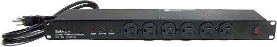 StarTech 16-Outlet 1U PDU, 120V/15A, Surge, 6ft Cord, TAA (RKPW161915) | Power strip for network server racks, Steel chassis, 6 front and 10 rear ports, LED ground and surge indicators