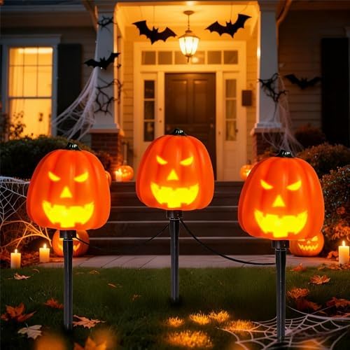 Bshine Halloween Decoration Pumpkin Pathway Lights Stake, Talking Pumpkin Screaming Jack O Lantern Halloween Outdoor Yard Decoration Light String, Garden Party Horror Props, 3 Pack
