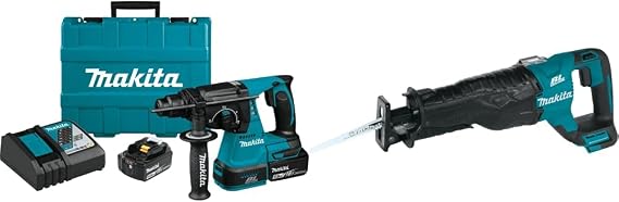 Makita XRH01T 18V LXT Lithium-Ion Brushless Cordless 1" Rotary Hammer Kit (5.0Ah) with XRJ05Z 18V LXT Lithium-Ion Brushless Cordless Recipro Saw