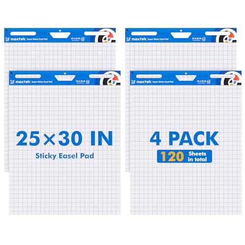maxtek Grid Sticky Easel Pad 25x30, Large Flip Chart Paper with 4 Packs of 30 SheetsPad, Upgraded Big Anchor Chart Flip Paper with Sticky Back, Self-Stick Easel Paper for Walls
