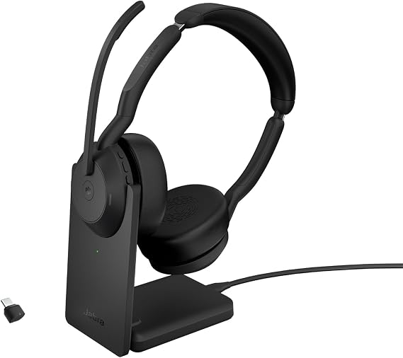 Jabra Evolve2 55 Stereo Wireless Headset with Charging Stand AirComfort Technology, Noise-Cancelling Mics & Active Noise Cancellation - MS Teams Certified, Works with Other Platforms - Black
