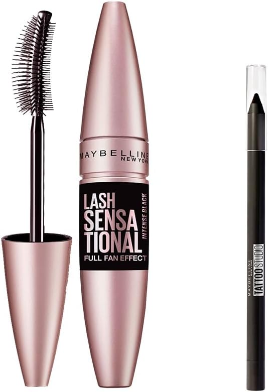 Maybelline New York Lash Sensational Fan Effective Intense Black Mascara - Extra Black 9.5 ml & Mini Tattoo Liner Gel Pencil Makeup Set