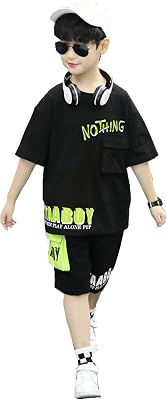 FTSUCQ Boys Sports Letter Printed Suits Shirts Top  Middle Pants with Pocket