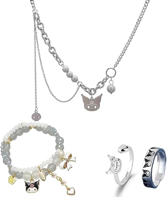 Yuoos Kawaii Pearl Necklace Set Stainless Steel Adjustable Open Silver KT Y2K Finger Ring Gyaru Anime Stunning Bracelets 90s Chain Necklace for Women