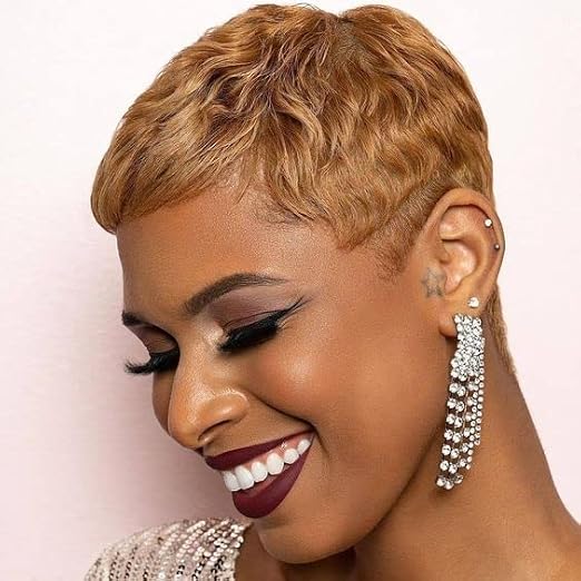 Short Wig Synthetic Pixie Cut Wigs For Black Women Blonde Wavy Wig With Bangs Natural Hair Wigs