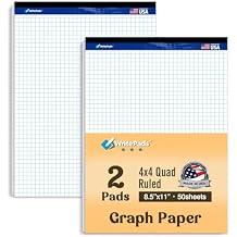 Graph Paper Pads 8.5 x 11, 4x4 Quad Ruled Graph Paper, 2 Pack, 50 Sheets Per Pad, White Graphing Paper Notebook with Sturdy Back & Micro-Perforated Pages, Made in USA, for School, Math, Drafting & Office