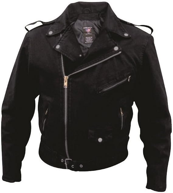 Allstate Leather Men's AL2954 Black Denim Mens Motorcycle Jacket with Zippered Pockets and Silver Hardware