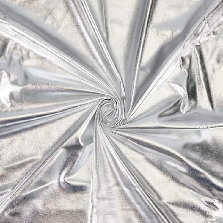 1 Yard Silver Metallic Foil Shiny Sparkly Stretch Fabric Spandex Polyester 4 Way Stretchy Satin Fabric by The Yard for Sewing Making Costume Dress Cosplay Swimsuit Halloween Party Decoration