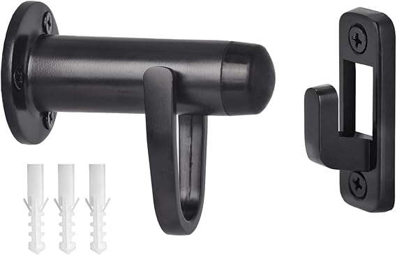 HOMOTEK Heavy Duty Latch Hook Stop Windproof,Door Holder Stopper with Sound Dampening Rubber Bumper Wall Mounted, Black, 1 Pack